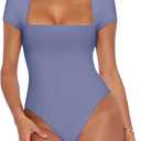 REORIA Womens Sexy Square Neck Double Lined Shirt Stretchy Basic Short Sleeve Going Out Thong Bodysuit Tops (Small, Blue Nova)