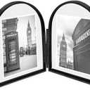 Isaac Jacobs 2x3 Vintage Style, Double-Sided Arched Brass & Glass Metal Floating Picture Frame with Locket Closure (Vertical), Made for Tabletop Display (2x3 Vertical, Black)