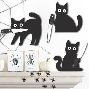 Black Cat Door Decor - A three-piece wooden black cat ornament set, the gift for cat lovers. Ideal for home, kitchen, and entryway party decorations.