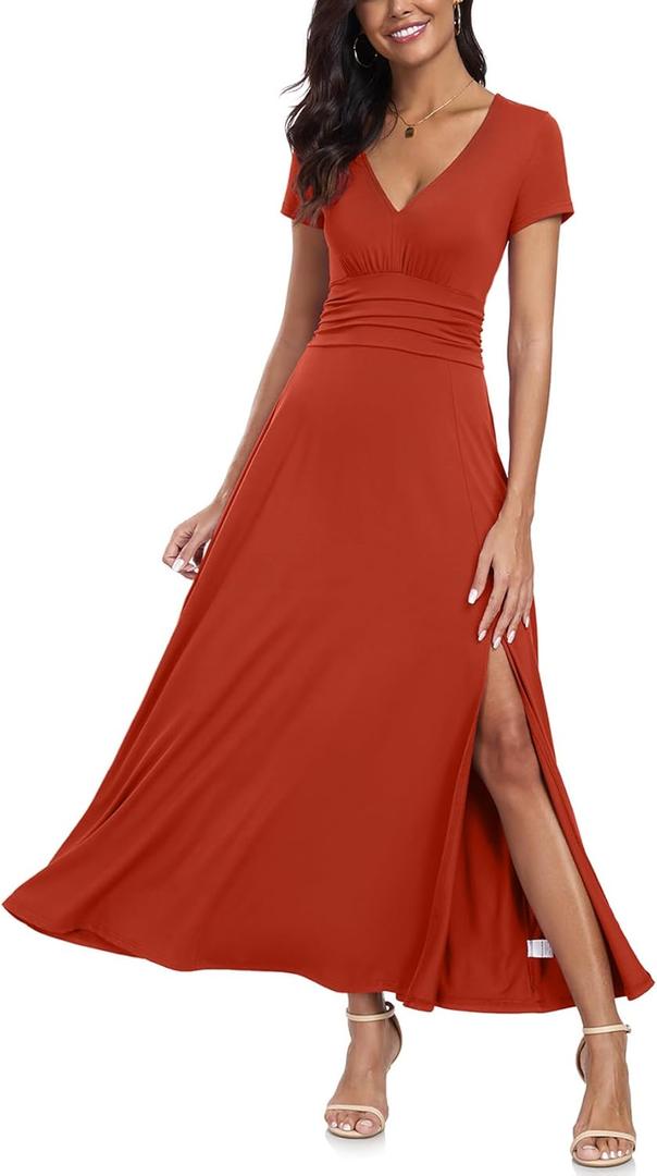 Women's Deep V Neck Short Sleeve Flowy Maxi Dress Summer Pleated High Waist Slit Club Long Party Evening Dresses,(S, Dark Orange)