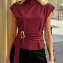 PRETTYGARDEN Women Blouses Spring Dressy Cap Sleeve Mock Neck Work Shirts Buckle Tunic Summer Business Casual Tops 2026 (Red, S)