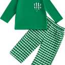 Ayalinggo St Patricks Day Baby Girl Boy Outfit Green Shamrock Long Sleeve Shirt Top Plaid Pants Set Saint Patrick's Clothes (Green)