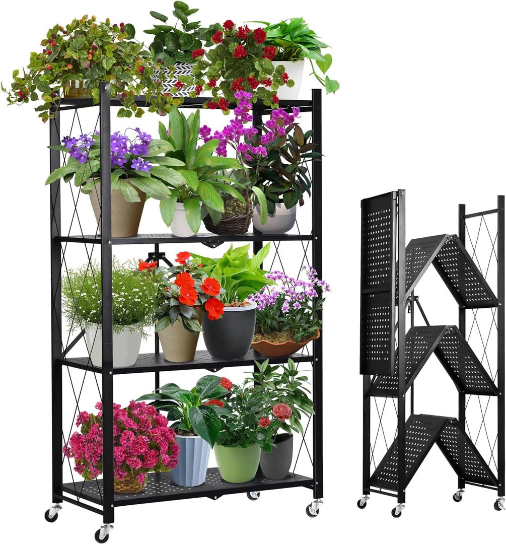 Metal Plant Stand Plant Shelf Folding Plant Stand No Assembly Required Easy to Move 4 Tiers Flower Stand with wheels for Living Room Bedroom Flower Room Indoor outdoor Black