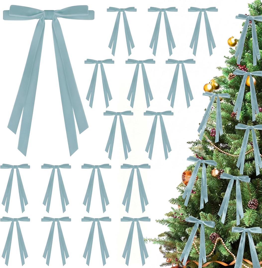 3 x 24 Pcs Christmas Bows for Tree, Light Blue Velvet Ribbon Bow for Christmas Tree, Pre-Tied Vintage Xmas Bows for Xmas Trees Wreaths Gifts Wedding Indoor Outdoor Decorations, 5 x 7 Inch