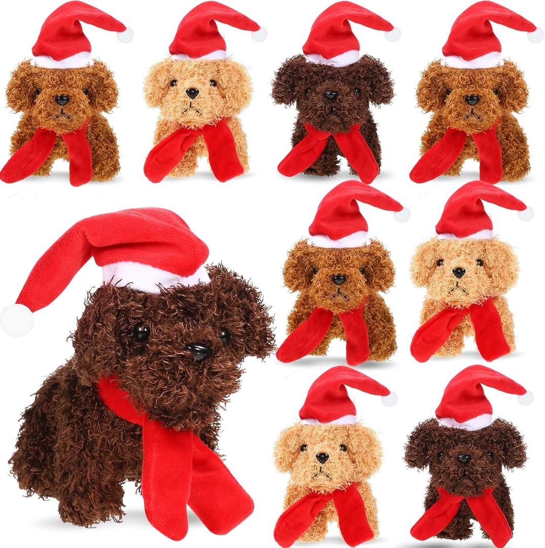 Aoriher 8 Pcs Christmas Stuffed Dog 5.5 Inch Christmas Puppy Mini Stuffed Puppy with Santa Hat Small Dog with Red Scarf Xmas Animal for Party Favor Gift