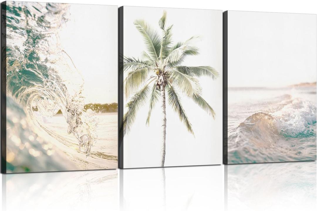3pcs Framed Beach Ocean Waves and Palm Trees Coastal Seascape Wall Art Decor Canvas Print Picture Poster Gallery Bedroom Living Room Studio 12x16 inches Ready to Hang