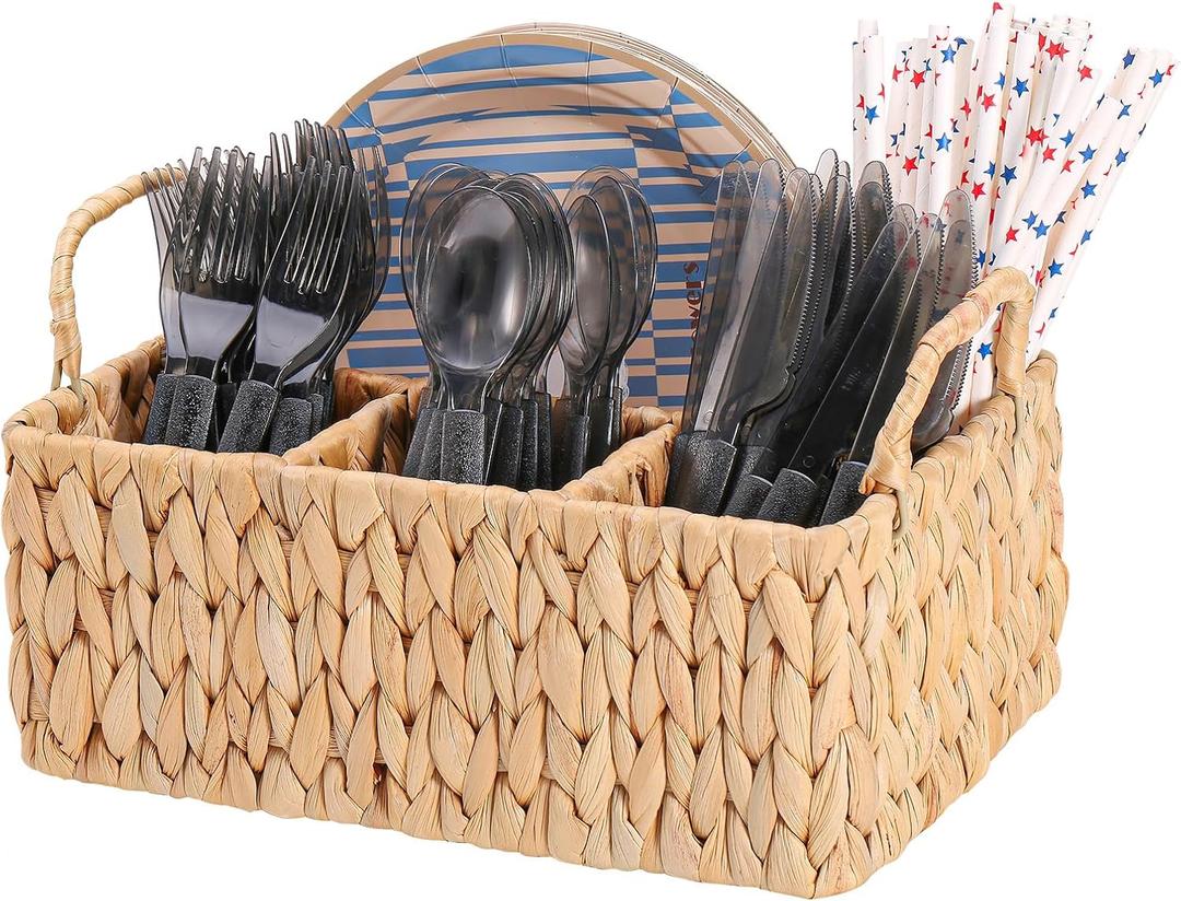 Wicker Party Silverware Caddy, Water Hyacinth Plastic Cutlery Utensil Holder, Hand Woven with Handles, Kitchen Countertop and Picnic flatware Organizer (4 compartments)