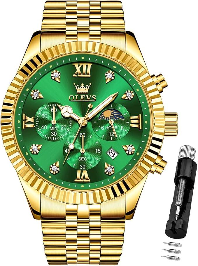 OLEVS Gold Watches for Men Luxury Dress Green Big Face Stainless Steel Analog Quartz Mens Watch Wrist Waterproof Fashion Chronograph Moon Phase Luminous Mens Watches Relojes para Hombres
