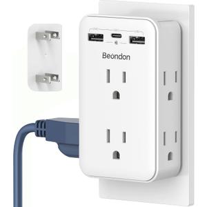 BEONDON 2 Prong to 3 Prong Outlet Adapter, Multi Plug Wall Outlet with 3 USB Ports (1 USB-C) and 6 AC Outlets, 3-Sided Power Strip for Non-Grounded Outlets in Old Houses, Hotels