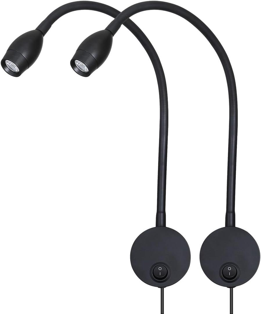 LED Reading Lamp 3W Warm White 3000K for Reading Books Black Plug Cord 2PCS (RS032)