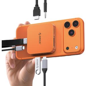 ORICO 10Gbps Magnetic M.2 Docking Station, 8-in-1 USB C HUB & M.2 2230 NVMe Enclosure with HDMI 4K@60Hz,SD/TF Solt, AUX, 100W PD, Magnetic USB C Dock for iPhone/MacBook/iPad (orange)