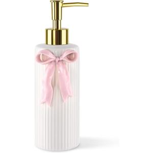 Handmade Ceramic Bow Soap Pump Dispenser Hand Lotion Liquid Dispenser Refillable for Kitchen and Bathroom Decorative (Ribbon Pink)