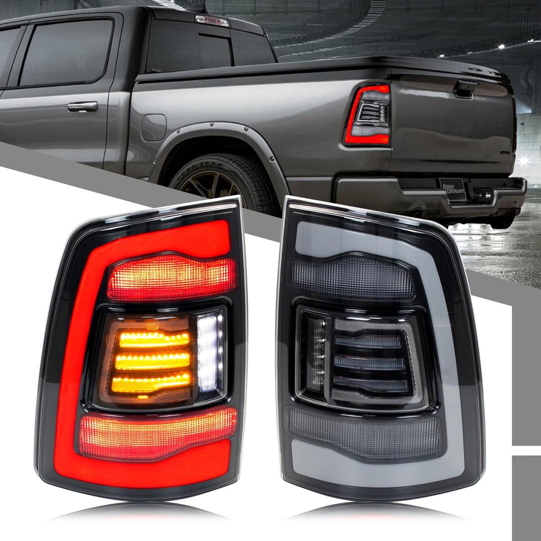 LED Clear Tail Lights Assembly Compatible with Dodge Ram 1500 2500 3500 2009-2018 4th Gen Start-up Animation Sequential Yellow Turn Signal Rear Lamps Accessory