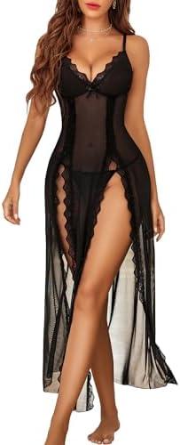 Avidlove Women Lingerie Lace Babydoll Chemise Sexy Mesh Nightdress V Neck Nightwear Side Split Nightgown, M