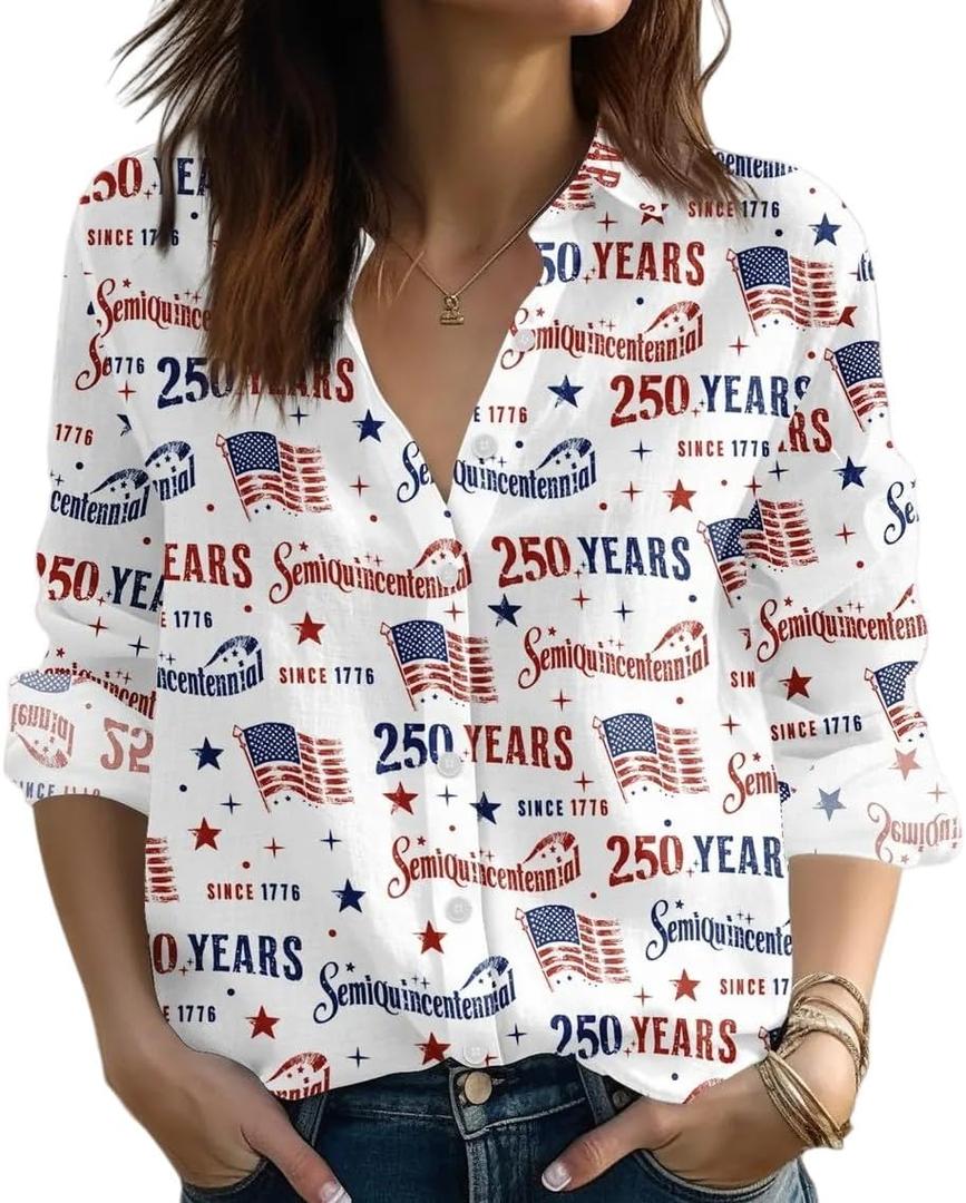 Beopjesk Women's Button Down America Flag Shirts Independence Day Patriotic 4th of July 3/4 Sleeve Collared Blouse (White, XL)