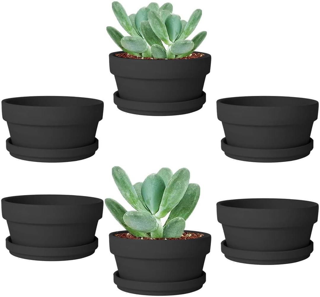 vensovo 3.7 Inch Black Terracotta Shallow Succulent Pots - 6 Pack Terra Cotta Clay Pot with Saucer, Cacuts Indoor and Outdoor Planters with Drainage Hole