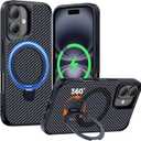 Designed for iPhone 16 Case with 360° Magnetic Stand, Carbon Fiber Phone Case [Compatible with Magsafe] [15FT Military Protection] with Stand Ring 6.1'', Black