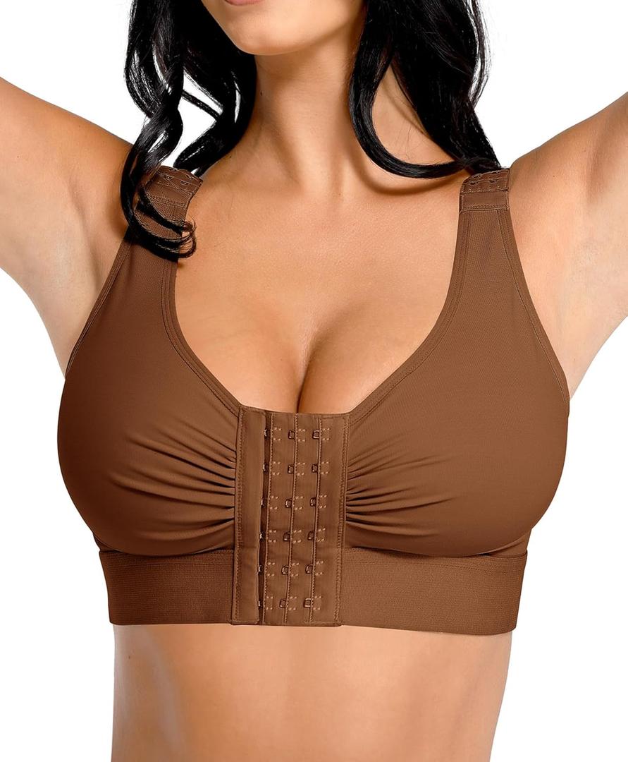 FeelinGirl Post Surgery Compression Bra for Women's Front Closure Bra with Adjustable Straps Wirefree (Dark Caramel) S