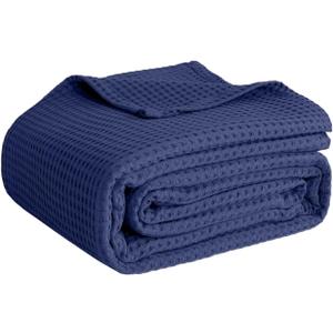 100% Cotton Blankets for Bed - Waffle Weave Blankets for Summer, Lightweight and Breathable Soft Woven Blanket for Spring (Navy, Queen (90" x 90"))