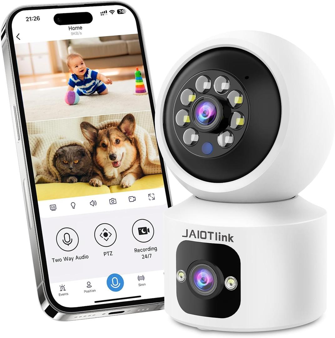 JAIOTlink Indoor Pet Security Camera for Dog Cat, 360 Pan Tilt Baby Monitor, 2.5k Dual-Lens WiFi Camera with Phone App, 2.4G/5G WiFi, AI Human & Pet Detection, Compatible with Alexa