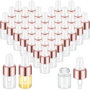 100 Pcs Mini Glass Oil Dropper Bottle Bulk, Clear Essential Small Empty Bottles Sample Containers Perfume Liquid Vials with Cap for Traveling (2 ml,Rose Gold)