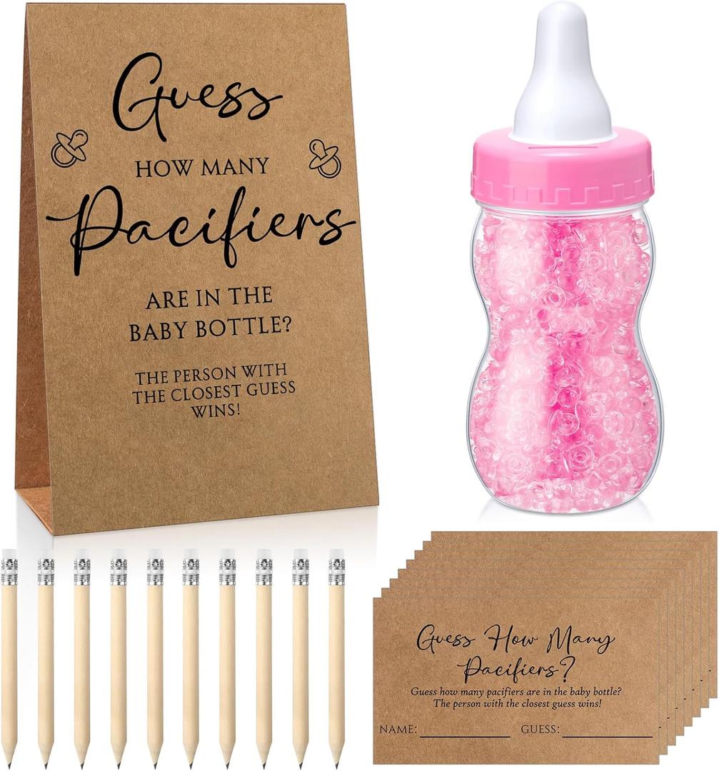Roowest 512 Pcs Baby Shower Games Guess How Many Pacifiers Sign 100 Small Guessing Games 10 HB Pencils 750ml Milk Bottle 400 Acrylic Pacifiers Decoration for Guest Gender Reveal (Pink,Kraft)