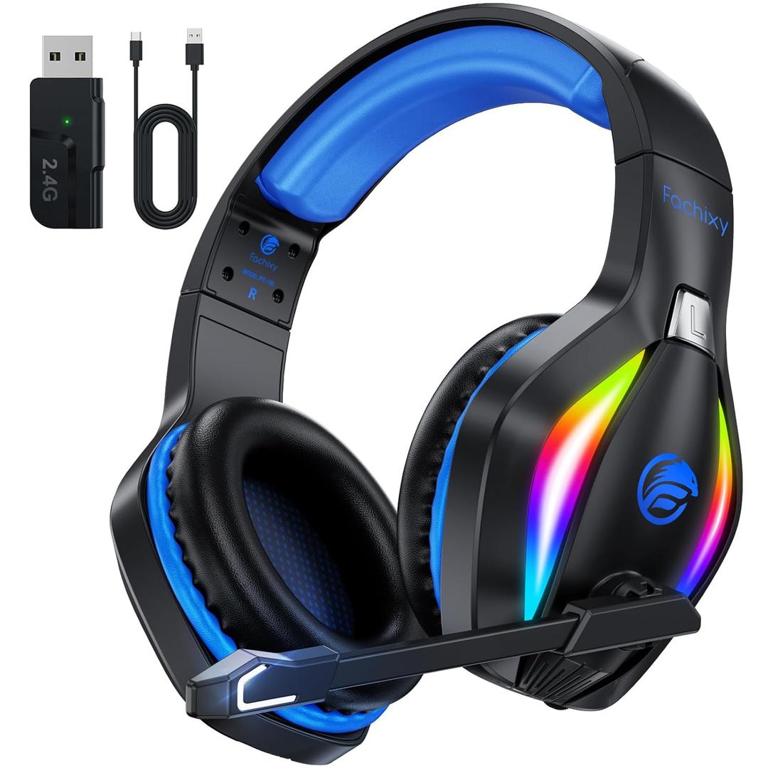 Fachixy FC-100 Wireless Gaming Headset for PS5, PS4, Switch - Gaming Headphones with Lossless Audio & 50Hrs Battery Life - Gamer Headset with Microphone for Mac, Laptop, Mobile (Blue)