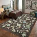 Garvee Gray Brown Floral 9x12 Area Rugs for Living Room Bedroom | Vintage Washable Low-Pile Non-Slip Carpet Soft Stain Resistant Rug for Large Room Bathroom Botanical Boho Rug TPE Backing