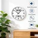 13" White Battery Powered Silent Wall Clock with Calendar Temperature and Humidity H-7326