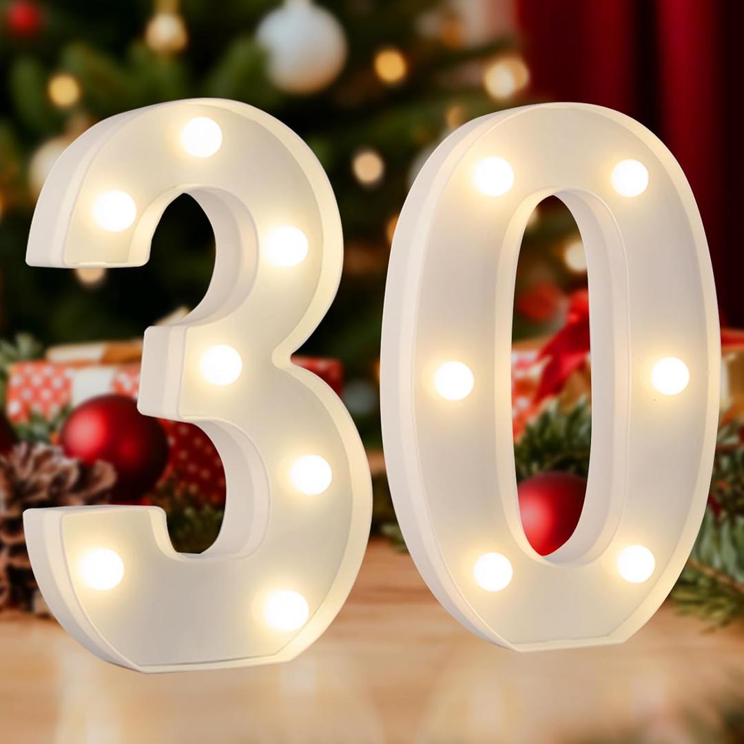 LED 30 Light Up Marquee Number, 30th Birthday Decorations for Her Him, Warm White Small 30 Table Number Light for Birthday Gifts, Wedding, Anniversary, Party, Home Decor