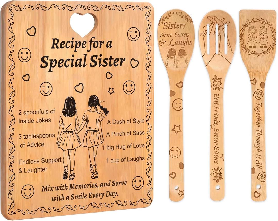 Sister Gift Set - FSC-Certified Bamboo Cutting Board & Engraved Utensils with "Recipe for a Special Sister" Design, Unique Birthday, Bridal Shower, Housewarming Gifts for Women and Best Friends