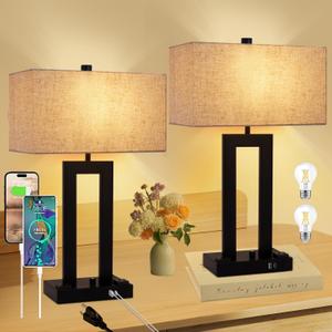 Modern Table Lamps Set of 2-22" Tall Bedside Lamps with USB-C/USB-A Charge Ports & Outlet, Stepless Dimmable Fabric Cream Shade Nightstand Lamps for Bedroom & Living Room