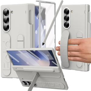 for Samsung Galaxy Z Fold 5 Case with S Pen Holder & Slim Stylus, Z Fold 5 Kickstand Case with Hand Strap Hinge Protection Screen Protector Raised Edge Protection Cover Case for Z Fold 5 White