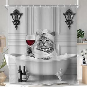 SVBright Funny Cat Shower Curtain 60Wx72L Inch Cute Animal in Bathtub Fun Lovely Bubble Kitten Kid Vintage Gray Grey Pearl Red Wine 12 Pack Hooks Polyester Waterproof Fabric Bathroom Bathtub Panels