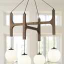 Vintage Milk Glass Pendant Light, Mid Century Wood Chandelier with Rustic Farmhouse Design, 4-Light Hanging Fixture for Kitchen Island, Dining Room, Bedroom Stairwell