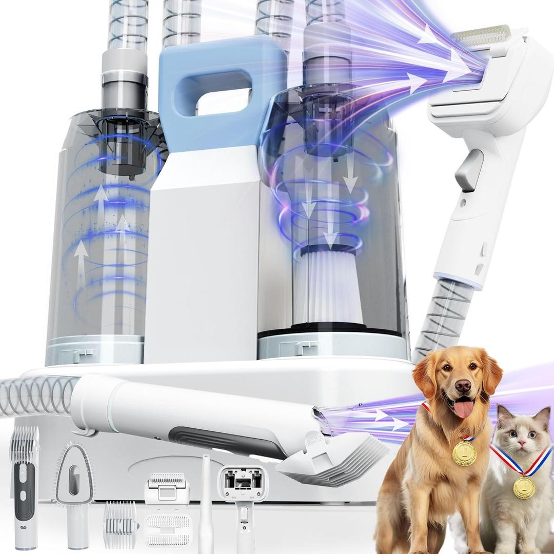 FOTING 6 in 1 Dog Grooming Vacuum & Dryer Kit, 10000pa Dogs Vacuums for Shedding Grooming, 2.1L Double Dust Cup Separator Design, Dog Dryer Clippers Brush Tool, Pet Grooming Vacuum for Dogs at Home (White)