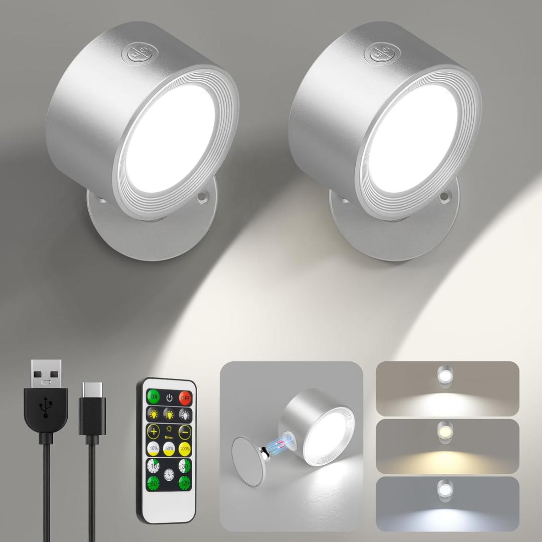 Lightbiz LED Reading Lights, Wall Lights Sconces 2 Pcs with Remote Rechargeable Battery Operated, 3 Color Temperatures & Dimmable Light Magnetic Ball 360Rotation, Lamps for Study Bedside Closet