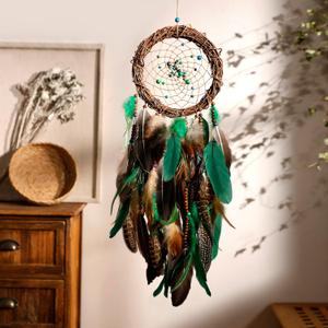 Dream Catcher Native American Boho Dreamcatcher Rattan Wall Decor, Handmade Natural Peacock Feathers Green Colorful Beaded Hanging Oranment Indian Decor for Girls Bedroom (Green Peacock Feather)