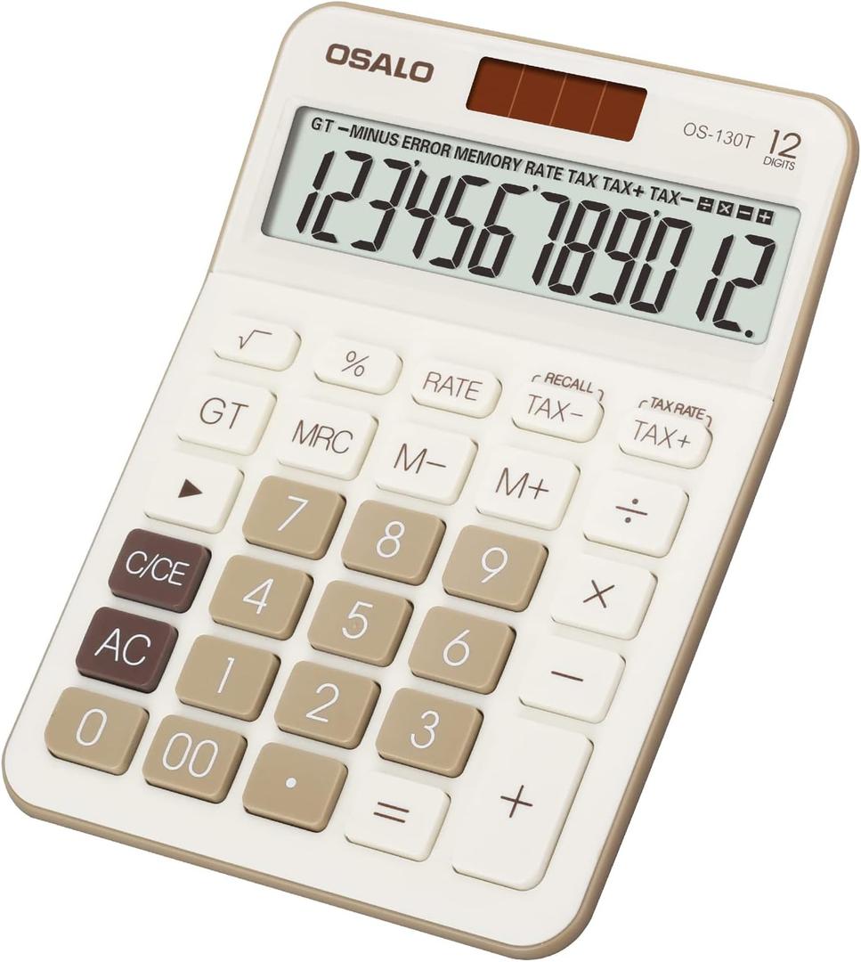 Pendancy 12 Digit Office Calculator Desktop with Tax+/- for Advanced Tax Calculation, Large LCD Display Big Buttons, Dual Power Durable Portable Design, for Financial Accounting Business Use (130T-Brown)