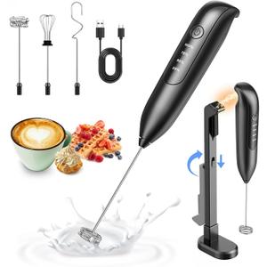 Electric Milk Frother Handheld: Rechargeable - LED Digital Display, Bare-Bones Version - Black