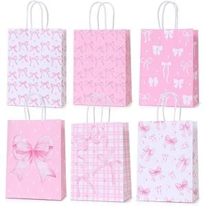 18 Pcs Small Pink Gift Bags Bulk with Handles for Women Birthday, Wedding, Baby Shower, Kraft Pink Ribbon Bow Gift Bag for Girls Tea Party Supplies, Paper Treat Candy Snack Bag for Bachelorette