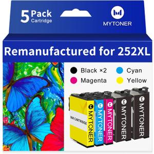 Remanufactured for 252XL Ink Cartridge Replacement for Epson 252XL Ink Cartridges for Workforce WF-3640 WF-3630 WF-3620 WF-7620 WF-7710 WF-7720 Printer (Black Cyan Magenta Yellow,5-Pack)