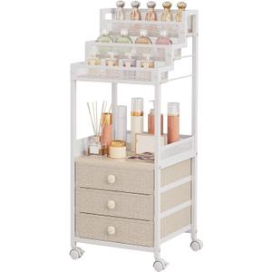 FURFUN Makeup Organizer Storage Cart with Drawers, Floor Rolling Skincare Vanity Organizer Mobile Cosmetic Display Case Stand for Makeup Brushes, Nail Polish, Perfume Organizer for Women Matte White