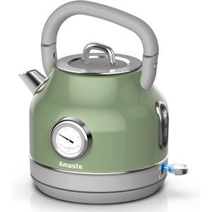 Amaste Electric Kettle, Retro Electric Tea Kettle with Thermometer, 57 Oz Hot Water Kettle for Coffee & Tea, 304 Stainless Steel, 1500W Fast Boiling, Auto Shut-Off & Boil Dry Protection, Matcha Green
