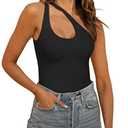 REORIA Women's Summer Sexy One Shoulder Cutout Front Sleeveless One Piece Tank Tops Backless Thong Bodysuits Leotards For Going Out Black Medium