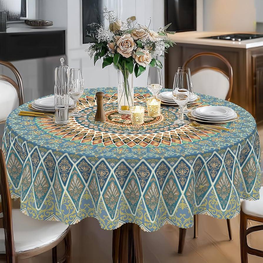 Eikione Bohemia Round Tablecloth,Tablecloth Waterproof and Wrinkle-Free, Boho Table Covers, Summer Decorations for Home 70inch (Pulis)
