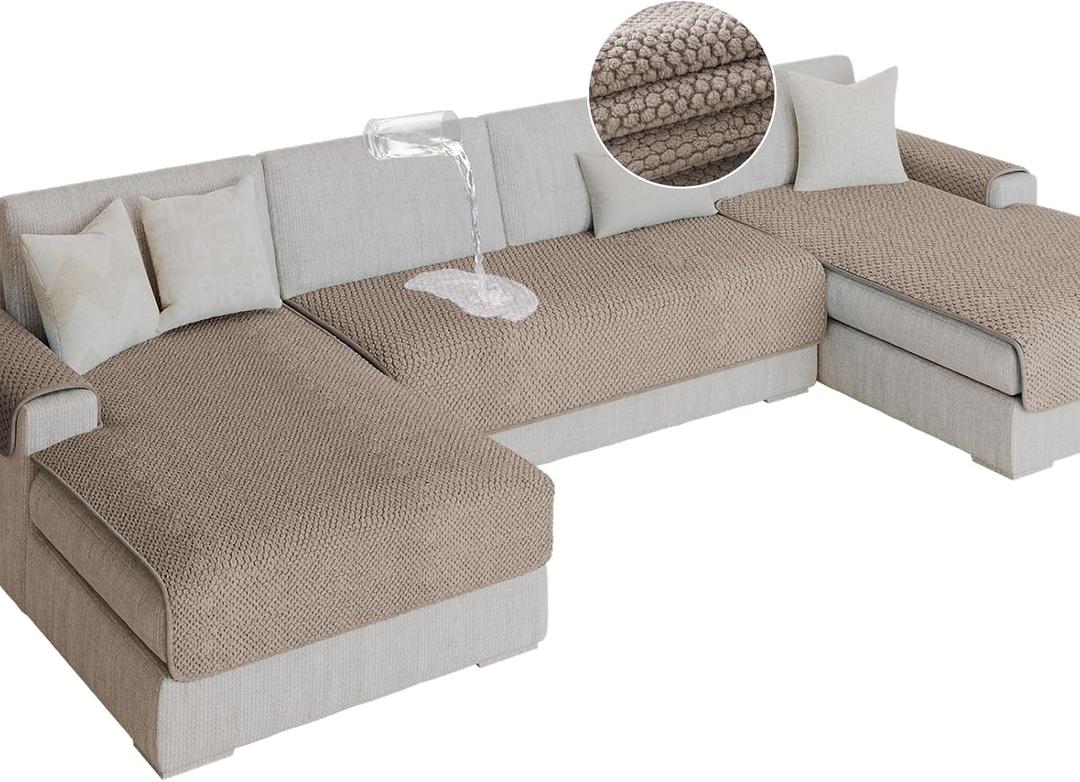 H.VERSAILTEX Waterproof Couch Cover Plush Sofa Cover with Strap Soft Anti Slip Sofa Slipcovers for 3 Cushion Sofa Couch Protector Cover for Dogs Cats Kids,36x72'',Khaki