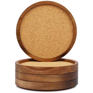 Wooden Drink Coasters Set of 4, Stackable Cup Coaster for Table, 4.2 inch Absorbent Cork Coasters Set for Tabletop Protection, Rustic Glass Coaster for Coffee, Home Decor.