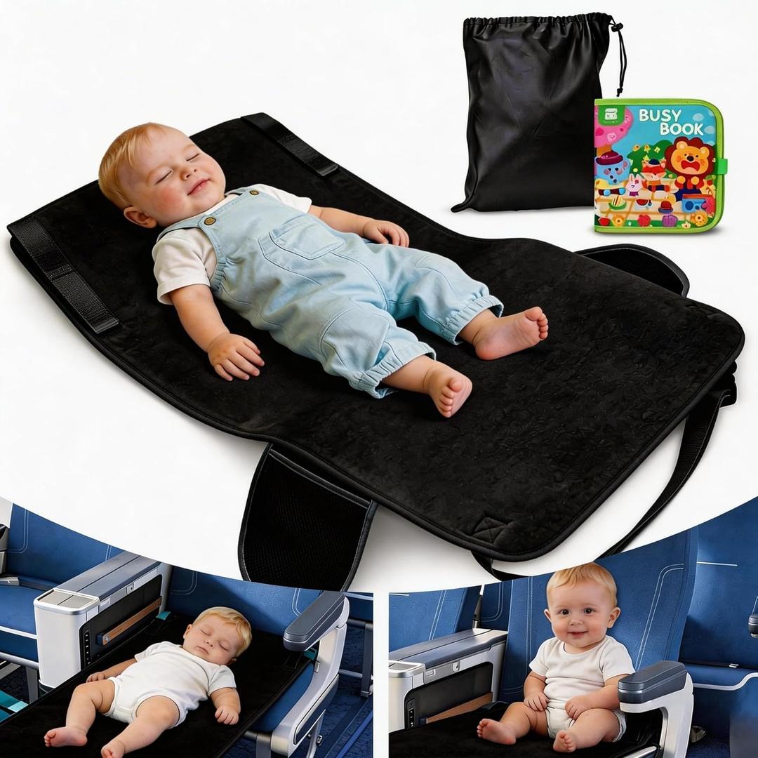 Toddler Airplane Bed, Airplane Seat Extender for Kids, Portable Velvet Plane Bed for Long Flights, Non-Slip Washable Seat Extender with Farm Busy Book & Travel Essentials, Black