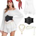 DARFULA Pirate Costume Women Dress White Pirate Dress with Corset Necklace Bandana Headscarf Accessories